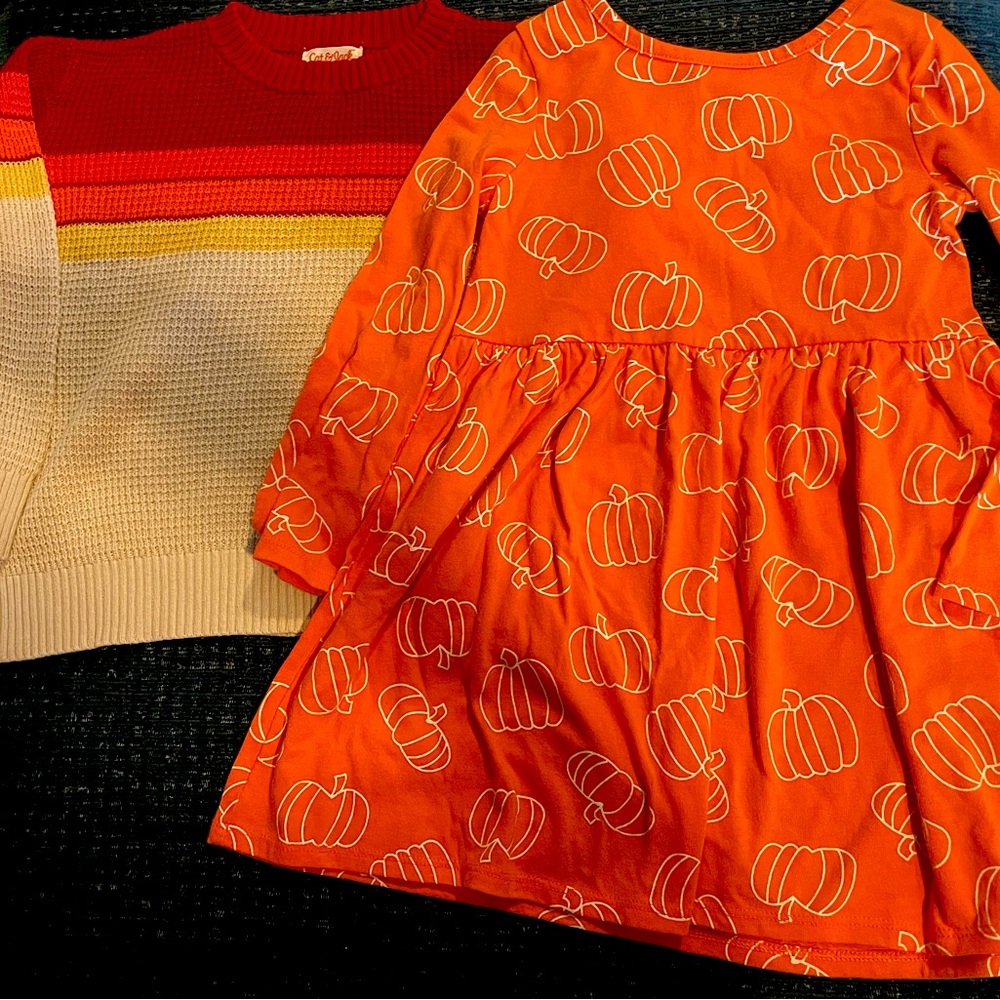 Cat & Jack 4T Fall Cotton Bundle - Pumpkin Dress & Waffle Knit Sweater- EUC